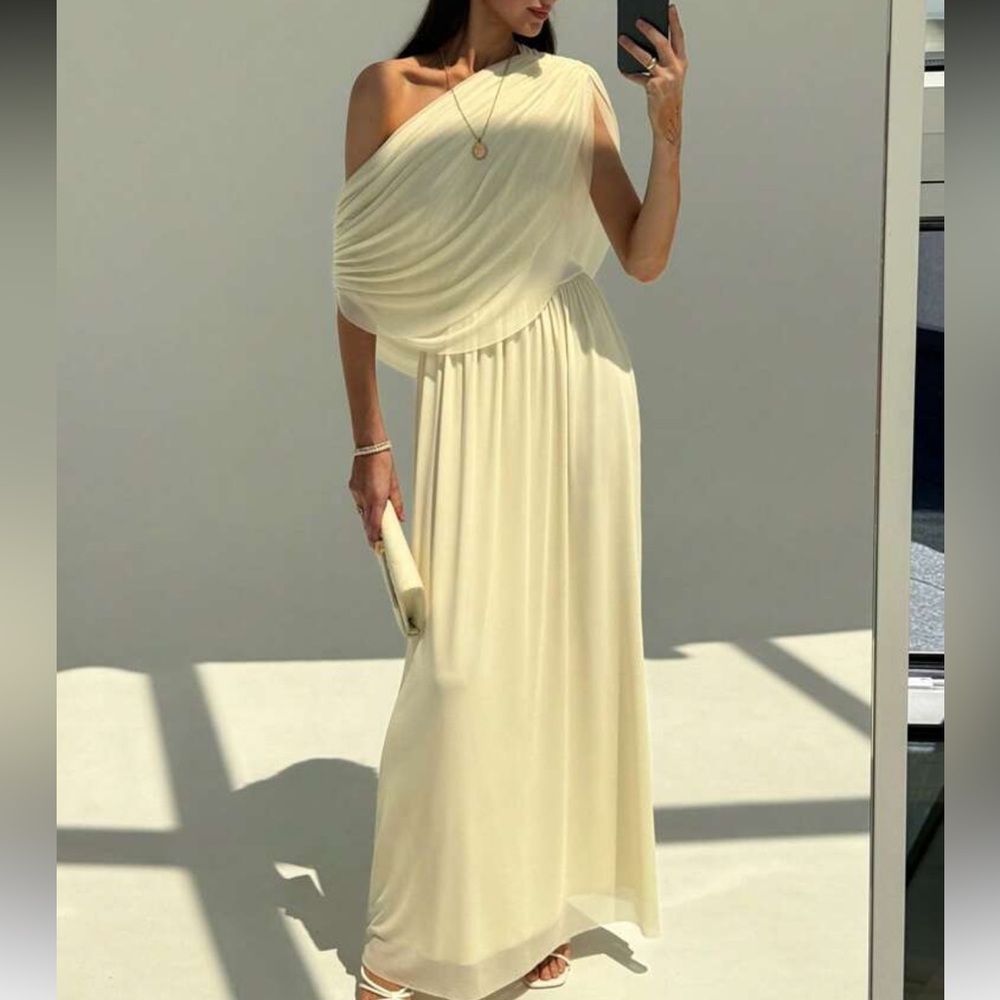 Cream butter yellow mesh ruched asymmetrical draped semi formal maxi dress - Picture 3 of 7